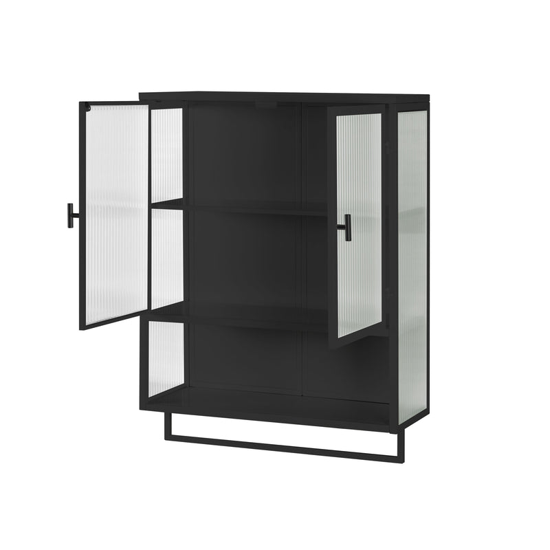 23.62"Glass Doors Modern Two-door Wall Cabinet with Featuring Two-tier Enclosed Storage, an Open Shelf, and Towel Rack, for Entryway Living Room Bathroom Dining Room,Black