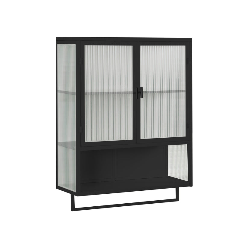 23.62"Glass Doors Modern Two-door Wall Cabinet with Featuring Two-tier Enclosed Storage, an Open Shelf, and Towel Rack, for Entryway Living Room Bathroom Dining Room,Black