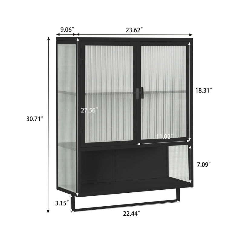 23.62"Glass Doors Modern Two-door Wall Cabinet with Featuring Two-tier Enclosed Storage, an Open Shelf, and Towel Rack, for Entryway Living Room Bathroom Dining Room,Black