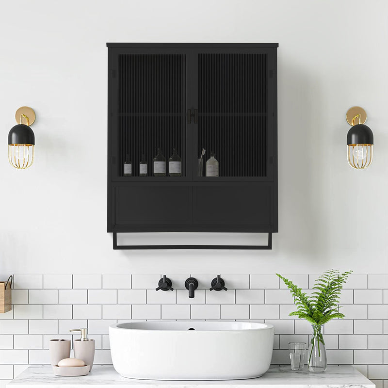 23.62"Glass Doors Modern Two-door Wall Cabinet with Featuring Two-tier Enclosed Storage, an Open Shelf, and Towel Rack, for Entryway Living Room Bathroom Dining Room,Black