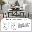 5-Piece Farmhouse Style Dining Table Set, Marble Sticker and Cross Bracket Pedestal Dining Table, and 4 Upholstered Chairs (White+Gray)