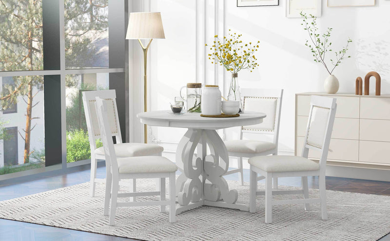 5-Piece Retro Functional Dining Set, 1 Extendable Table with a 16-inch Leaf and 4 Upholstered Chairs for Dining Room and Kitchen (Antique White)