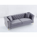 81.8" Chesterfield Sofa Grey Velvet for Living Room, 3 Seater Sofa Tufted Couch with metal foot and Nailhead for Living Room, Bedroom, Office, Apartment, two pillows