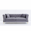 81.8" Chesterfield Sofa Grey Velvet for Living Room, 3 Seater Sofa Tufted Couch with metal foot and Nailhead for Living Room, Bedroom, Office, Apartment, two pillows