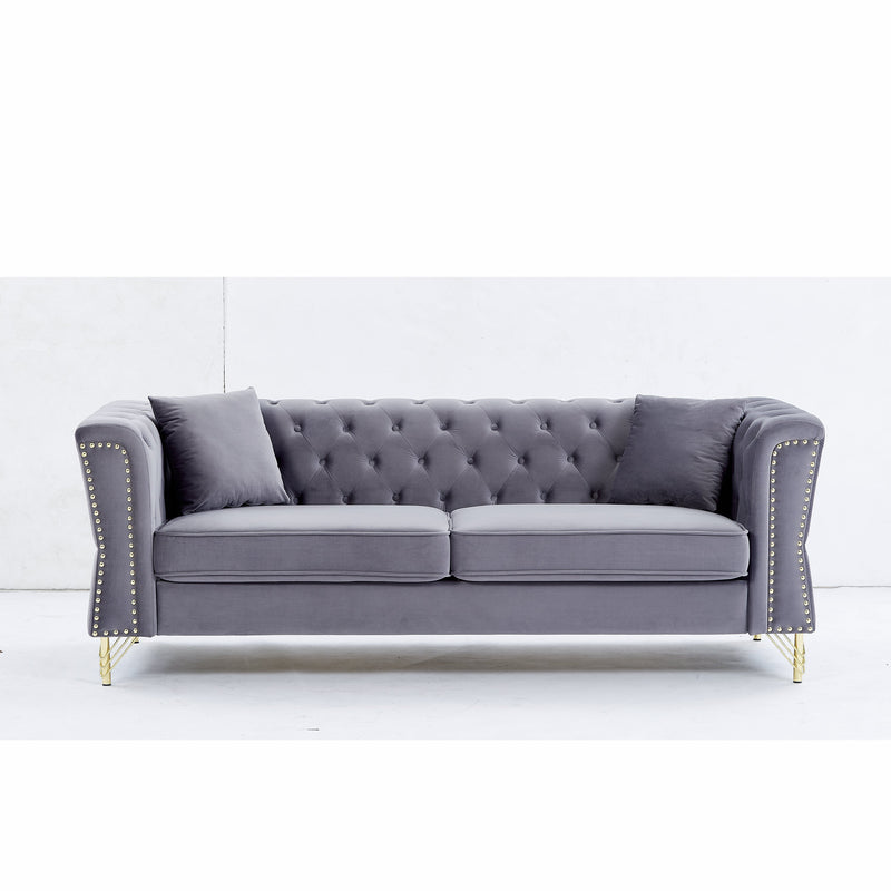 81.8" Chesterfield Sofa Grey Velvet for Living Room, 3 Seater Sofa Tufted Couch with metal foot and Nailhead for Living Room, Bedroom, Office, Apartment, two pillows
