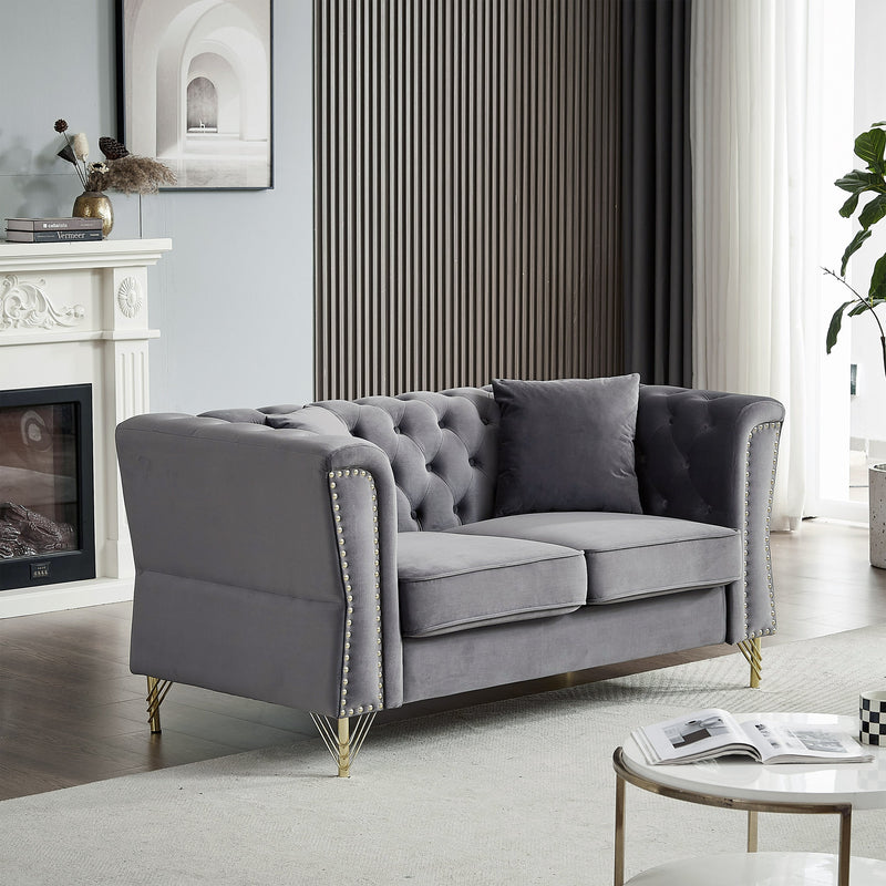 3-seater + 2-seater Combination Sofa Tufted Couch with Rolled Arms and Nailhead for Living Room, Bedroom, Office, Apartment, four pillows