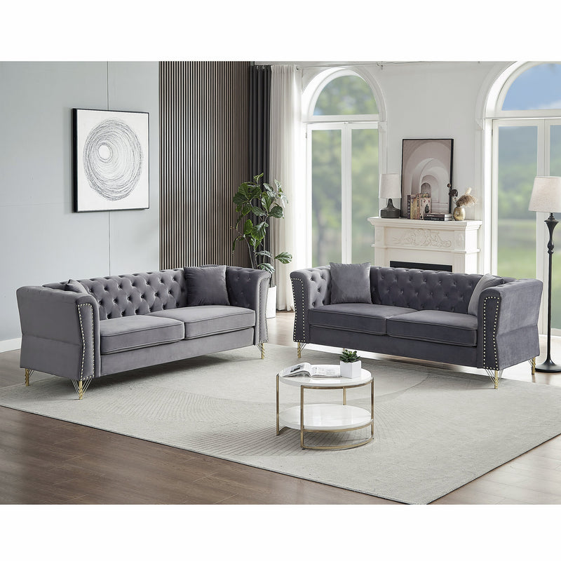 3-seater + 3-seater Combination Sofa Tufted Couch with Rolled Arms and Nailhead for Living Room, Bedroom, Office, Apartment, four pillows
