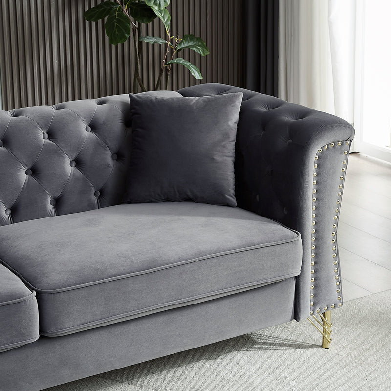 81.8" Chesterfield Sofa Grey Velvet for Living Room, 3 Seater Sofa Tufted Couch with metal foot and Nailhead for Living Room, Bedroom, Office, Apartment, two pillows