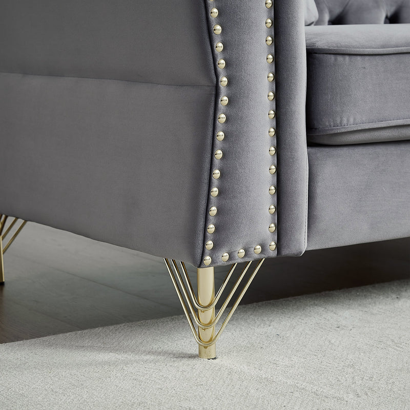 81.8" Chesterfield Sofa Grey Velvet for Living Room, 3 Seater Sofa Tufted Couch with metal foot and Nailhead for Living Room, Bedroom, Office, Apartment, two pillows