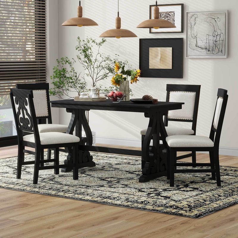 5-Piece Retro Dining Set, Rectangular Wooden Dining Table and 4 Upholstered Chairs for Dining Room and Kitchen (Black)