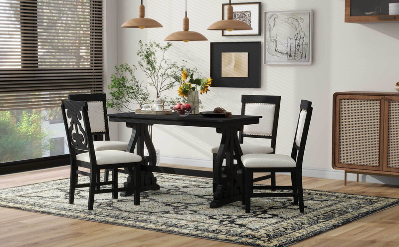 5-Piece Retro Dining Set, Rectangular Wooden Dining Table and 4 Upholstered Chairs for Dining Room and Kitchen (Black)