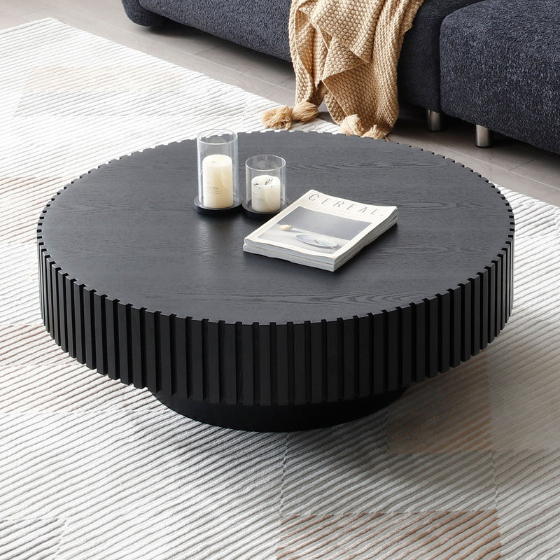 31.49" Nesting Round Wood Coffee table for Apartment, Modern Living Room Coffee Table with Sturdy Pedestal, BLACK