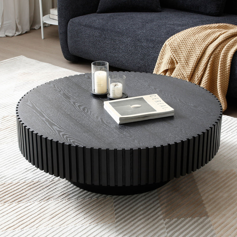 31.49" Nesting Round Wood Coffee table for Apartment, Modern Living Room Coffee Table with Sturdy Pedestal, BLACK