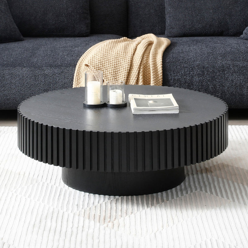 31.49" Nesting Round Wood Coffee table for Apartment, Modern Living Room Coffee Table with Sturdy Pedestal, BLACK