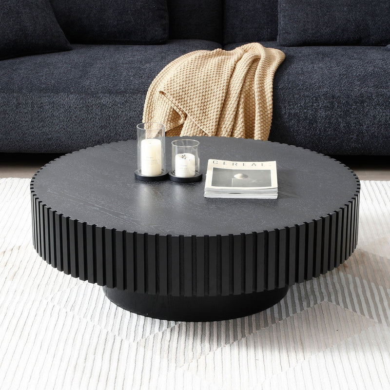 31.49" Nesting Round Wood Coffee table for Apartment, Modern Living Room Coffee Table with Sturdy Pedestal, BLACK