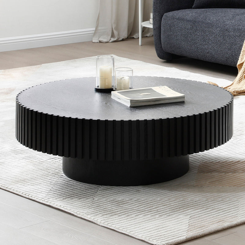 31.49" Nesting Round Wood Coffee table for Apartment, Modern Living Room Coffee Table with Sturdy Pedestal, BLACK