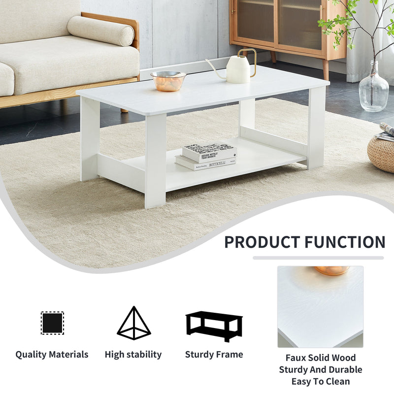 A modern and practical white coffee table and coffee table. The double layered coffee table is made of MDF material,. Suitable for living room, bedroom, and study.43.3"x21.6"x16.5" CT-16