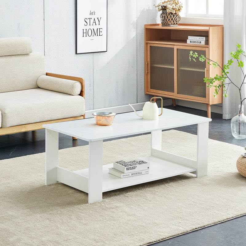 A modern and practical white coffee table and coffee table. The double layered coffee table is made of MDF material,. Suitable for living room, bedroom, and study.43.3"x21.6"x16.5" CT-16