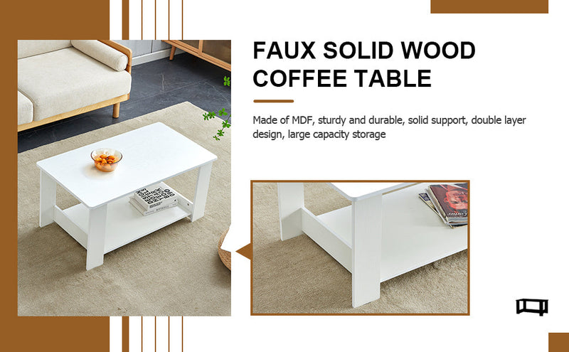 A modern and minimalist white double layered rectangular coffee table and coffee table. MDF material is more durable and suitable for living rooms, bedrooms, and study rooms. 19.6 "x35.4"x16.5 "CT-16