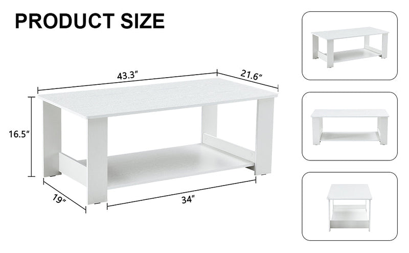 A modern and practical white coffee table and coffee table. The double layered coffee table is made of MDF material,. Suitable for living room, bedroom, and study.43.3"x21.6"x16.5" CT-16