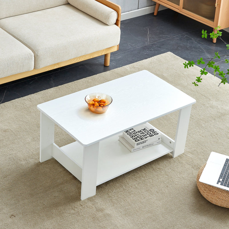 A modern and minimalist white double layered rectangular coffee table and coffee table. MDF material is more durable and suitable for living rooms, bedrooms, and study rooms. 19.6 "x35.4"x16.5 "CT-16