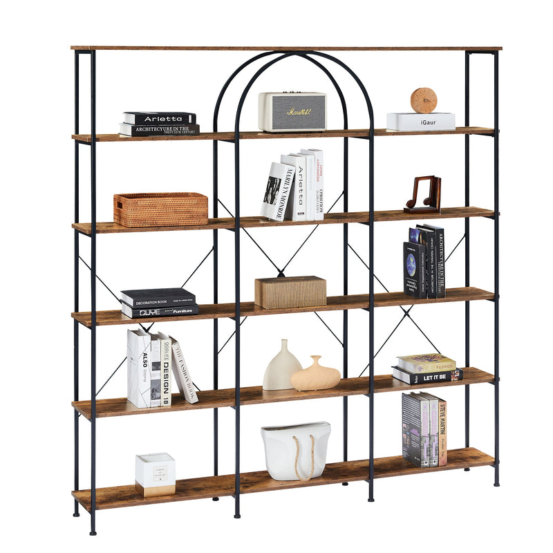 6 Tier Bookcase Home Office Open Bookshelf, Vintage Industrial Style Shelf with Metal Frame, MDF Board, Brown
