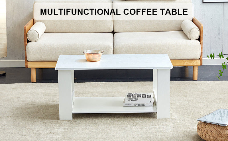 A modern and minimalist white double layered rectangular coffee table and coffee table. MDF material is more durable and suitable for living rooms, bedrooms, and study rooms. 19.6 "x35.4"x16.5 "CT-16