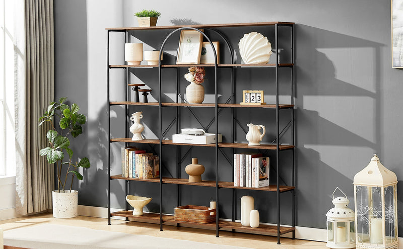 6 Tier Bookcase Home Office Open Bookshelf, Vintage Industrial Style Shelf with Metal Frame, MDF Board, Brown