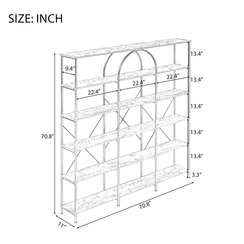 6 Tier Bookcase Home Office Open Bookshelf, Vintage Industrial Style Shelf with Metal Frame, MDF Board, Brown