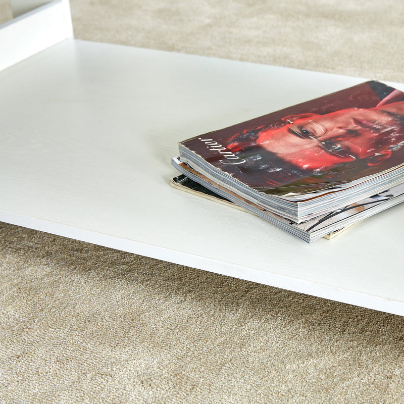 A modern and practical white coffee table and coffee table. The double layered coffee table is made of MDF material,. Suitable for living room, bedroom, and study.43.3"x21.6"x16.5" CT-16