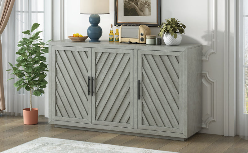 3-Door Large Storage Retro Sideboard with Adjustable Shelves and Black Handles for Kitchen, Dining Room and Living Room (Antique Gray)