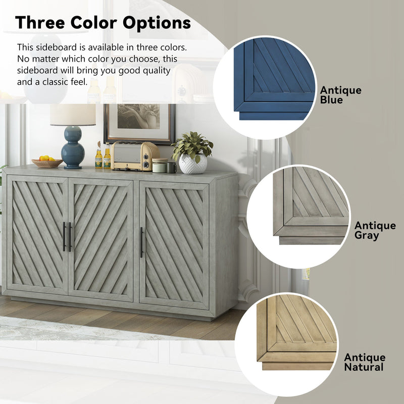 3-Door Large Storage Retro Sideboard with Adjustable Shelves and Black Handles for Kitchen, Dining Room and Living Room (Antique Gray)