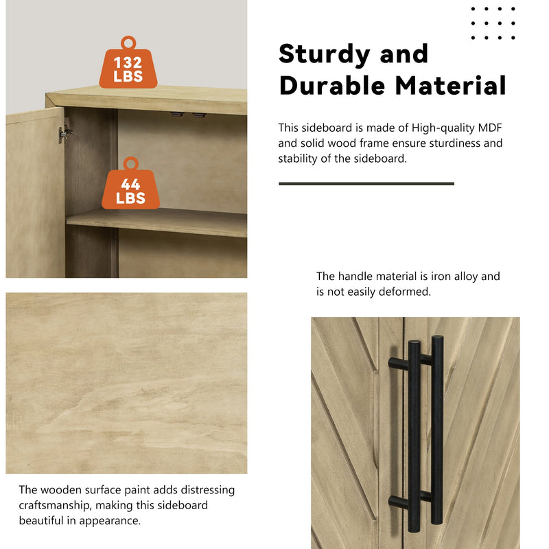 3-Door Large Storage Retro Sideboard with Adjustable Shelves and Black Handles for Kitchen, Dining Room and Living Room (Antique Natural)