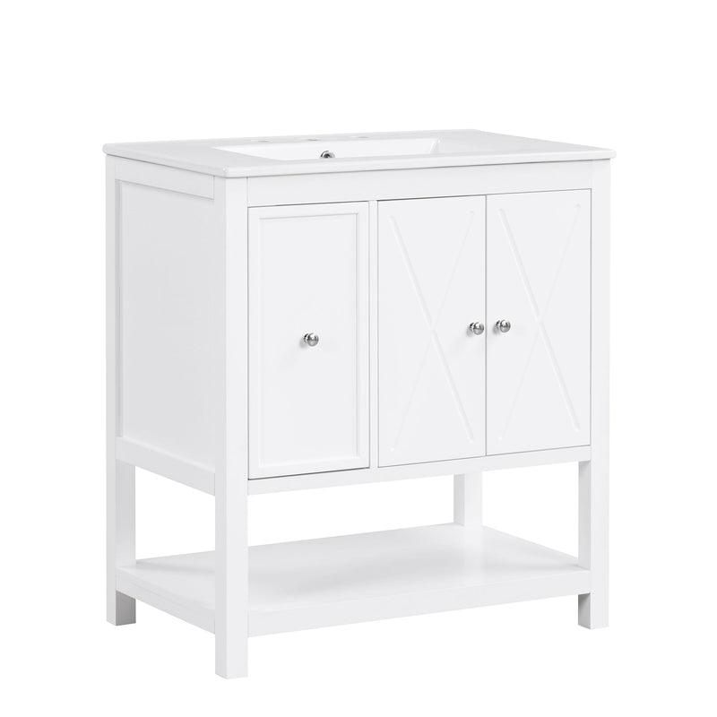 30" Bathroom Vanity with Sink Top, Bathroom Vanity Cabinet with Two Doors and One Drawer, MDF Boards, Solid Wood, One Package, White
