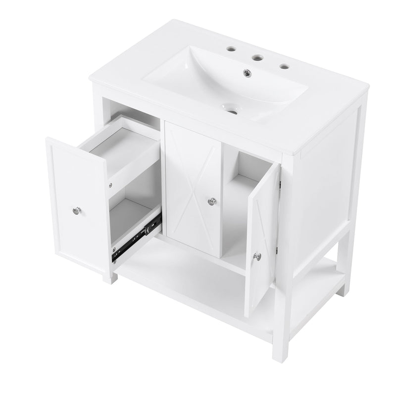 30" Bathroom Vanity with Sink Top, Bathroom Vanity Cabinet with Two Doors and One Drawer, MDF Boards, Solid Wood, One Package, White