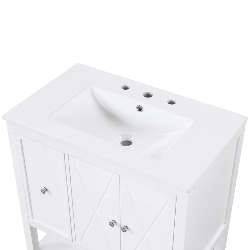 30" Bathroom Vanity with Sink Top, Bathroom Vanity Cabinet with Two Doors and One Drawer, MDF Boards, Solid Wood, One Package, White