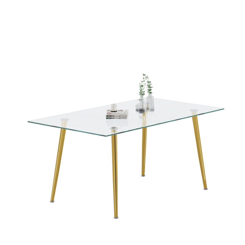0.32" Thick Tempered Glass Top Dining Table with Gold Stainless Steel Legs