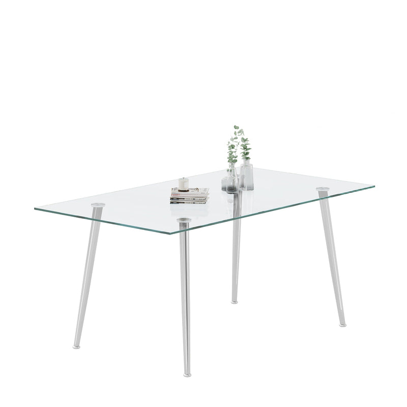 0.32" Thick Tempered Glass Top Dining Table with Silver Stainless Steel Legs