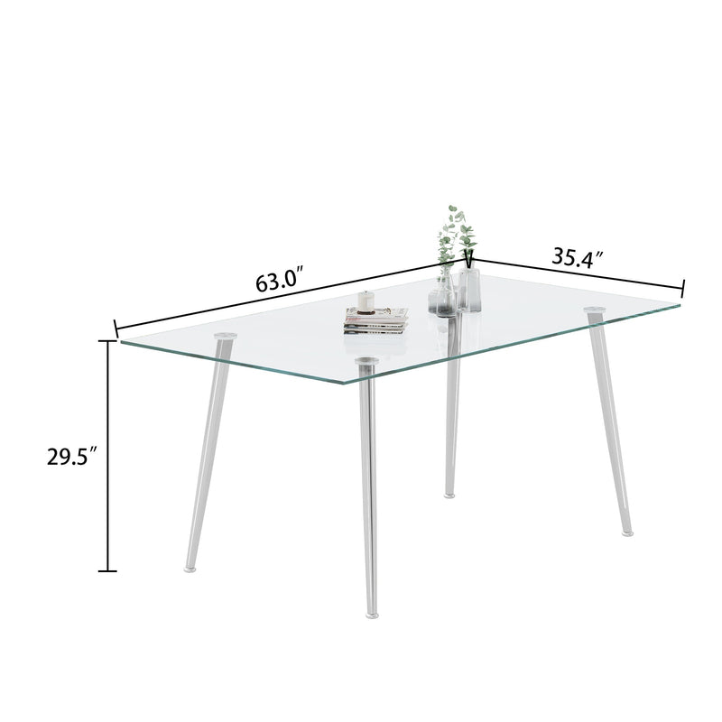 0.32" Thick Tempered Glass Top Dining Table with Silver Stainless Steel Legs