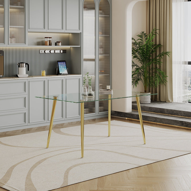 0.32" Thick Tempered Glass Top Dining Table with Gold Stainless Steel Legs