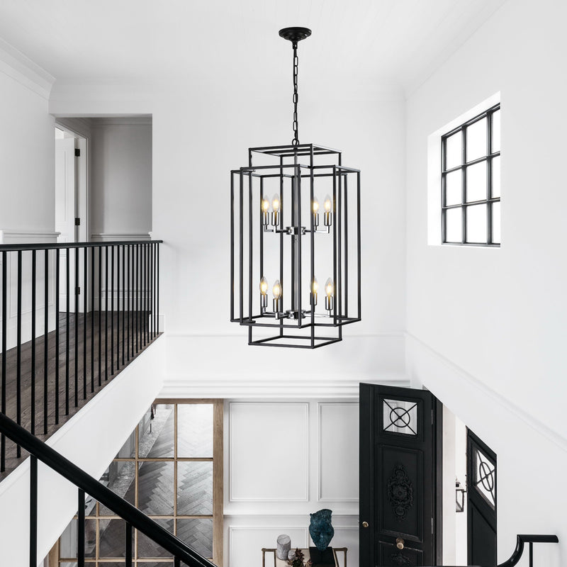 8-Lights Lantern Tiered Pendant Light Fixtures, Industrial Farmhouse Hanging Chandelier for Entryway, Foyer, Living Room, Kitchen Island, Staircase(Black & Silver)