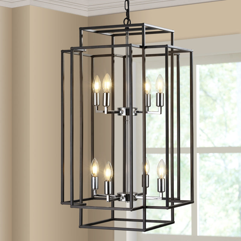 8-Lights Lantern Tiered Pendant Light Fixtures, Industrial Farmhouse Hanging Chandelier for Entryway, Foyer, Living Room, Kitchen Island, Staircase(Black & Silver)