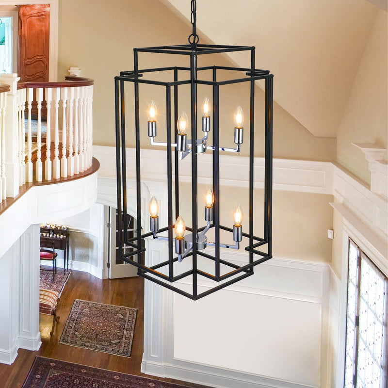 8-Lights Lantern Tiered Pendant Light Fixtures, Industrial Farmhouse Hanging Chandelier for Entryway, Foyer, Living Room, Kitchen Island, Staircase(Black & Silver)