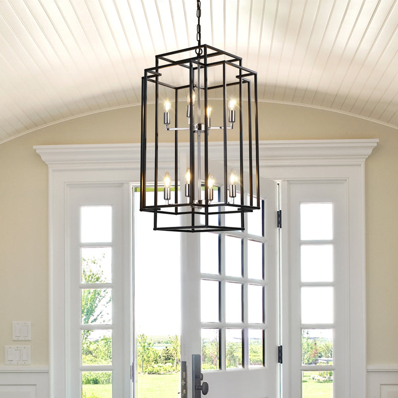 8-Lights Lantern Tiered Pendant Light Fixtures, Industrial Farmhouse Hanging Chandelier for Entryway, Foyer, Living Room, Kitchen Island, Staircase(Black & Silver)