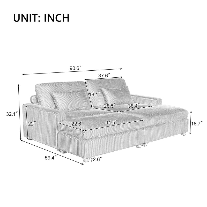 90" Square Arm Sofa with Removable Back Cushions and 2 pillows,Couch for Living Room, Office, Apartment