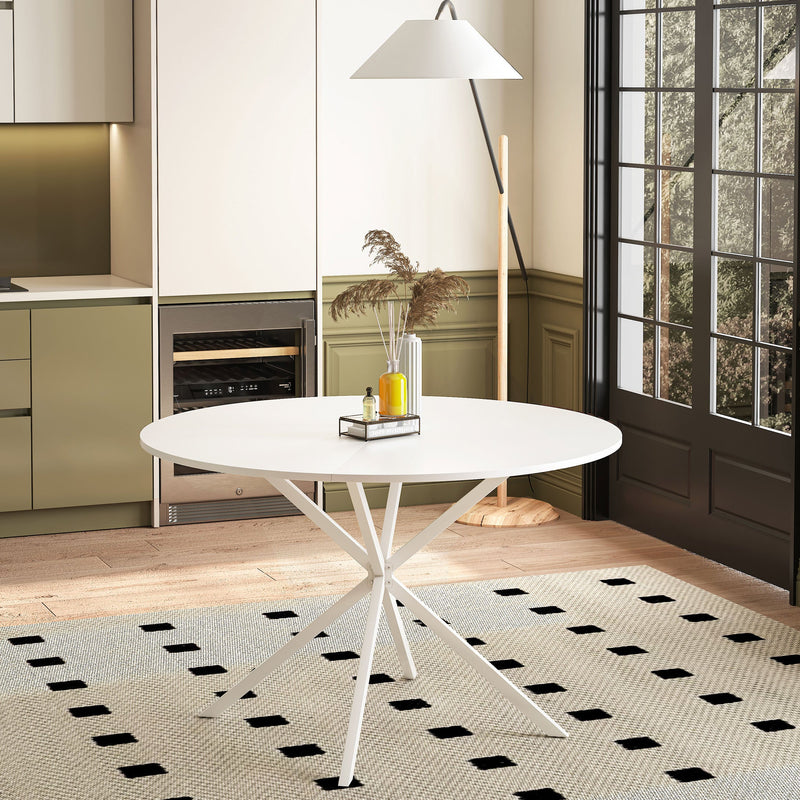 47.24" Modern Cross Leg Round Dining Table, White Top Occasional Table, Two Piece Removable Top, Matte Finish Iron Legs