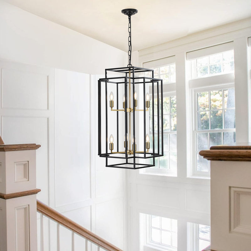 8-Lights Lantern Tiered Pendant Light Fixtures, Industrial Farmhouse Hanging Chandelier for Entryway, Foyer, Living Room, Kitchen Island, Staircase(Black & Gold)