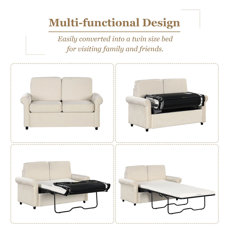 57.4" Pull Out Sofa Bed,Sleeper Sofa Bed with Premium Twin Size Mattress Pad,2-in-1 Pull Out Couch Bed with Two USB Ports for Living Room,Small Apartment, Beige