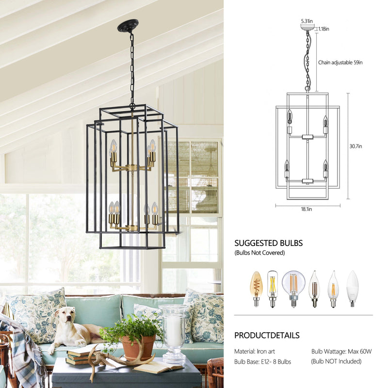 8-Lights Lantern Tiered Pendant Light Fixtures, Industrial Farmhouse Hanging Chandelier for Entryway, Foyer, Living Room, Kitchen Island, Staircase(Black & Gold)