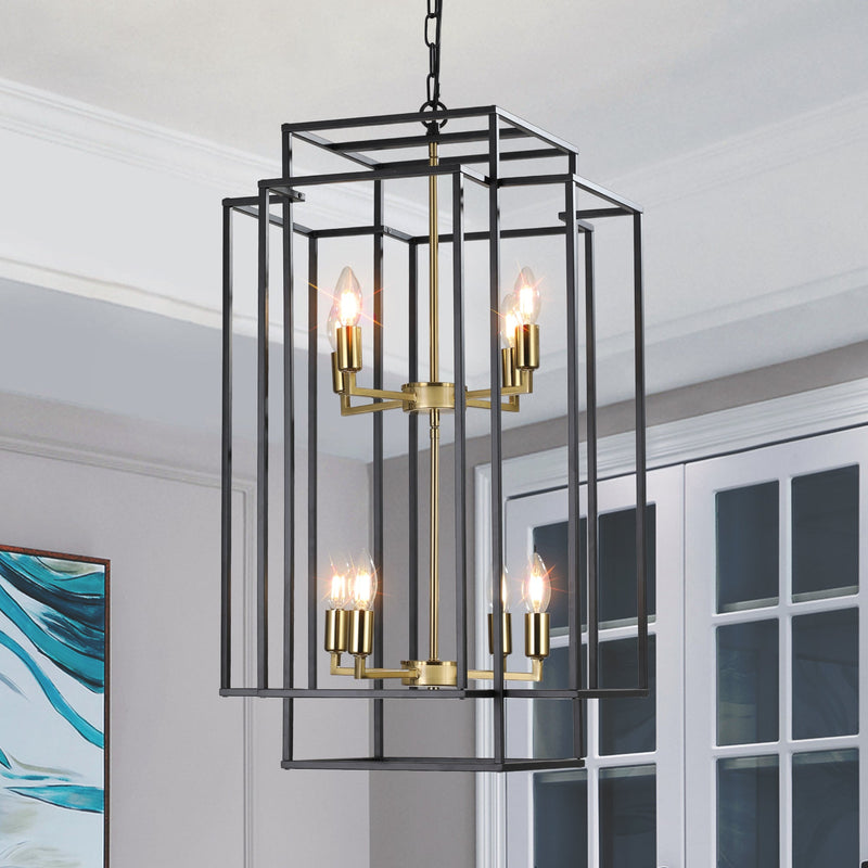 8-Lights Lantern Tiered Pendant Light Fixtures, Industrial Farmhouse Hanging Chandelier for Entryway, Foyer, Living Room, Kitchen Island, Staircase(Black & Gold)